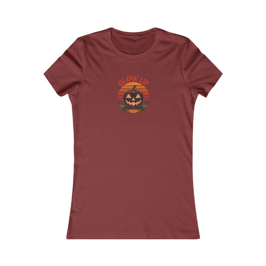 Halloween Glow Up Pumpkin — Retro Autumn Sunset Women's Tee (Dark)