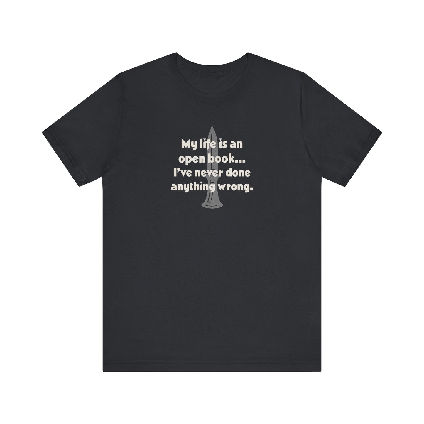 My Life Is an Open Book, I've Never Done Anything Wrong — Clue Retro Tee (Dark)