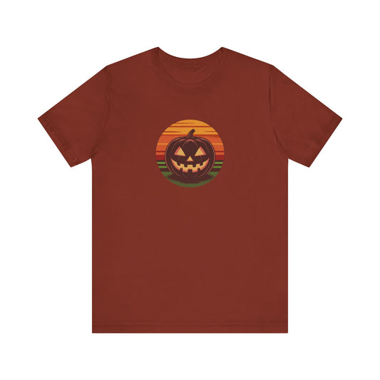 Retro Jack: Glowing Classic — Halloween Sunset Tee (Dark)
