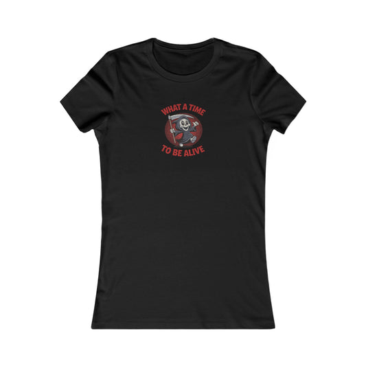 What a Time to Be Alive (Cute) — Lil Reaper Retro Women's Tee (Dark)
