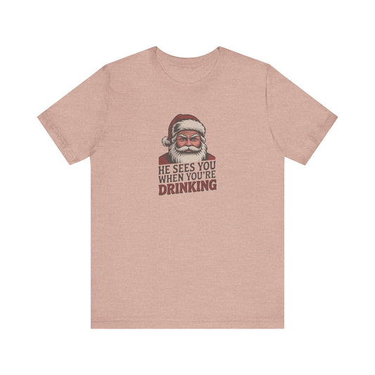 He Sees You When You're Drinking — Judgmental Santa Retro Tee (Light)