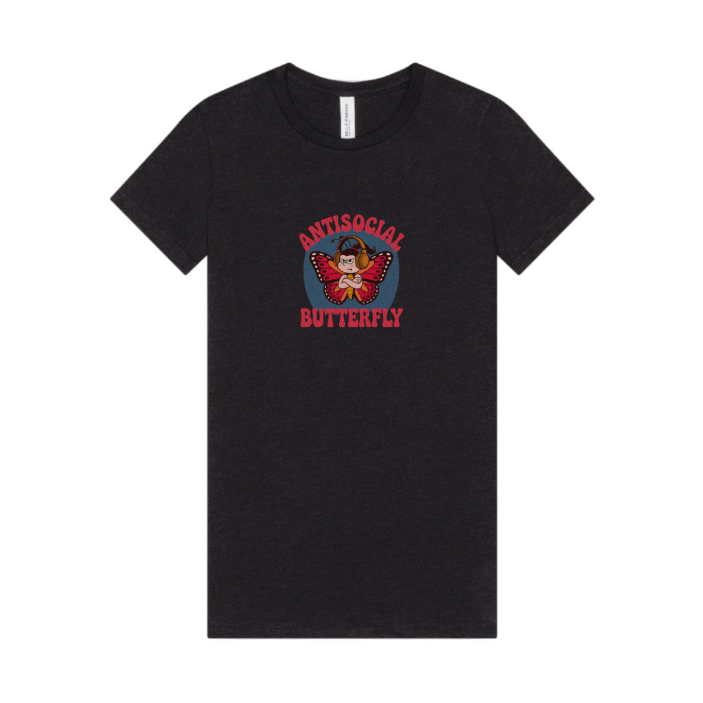 Antisocial Butterfly (Female) — Retro Workout Women's Tee (Dark)