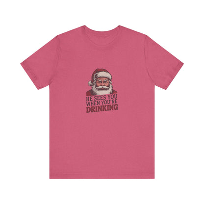 He Sees You When You're Drinking — Judgmental Santa Retro Tee (Light)
