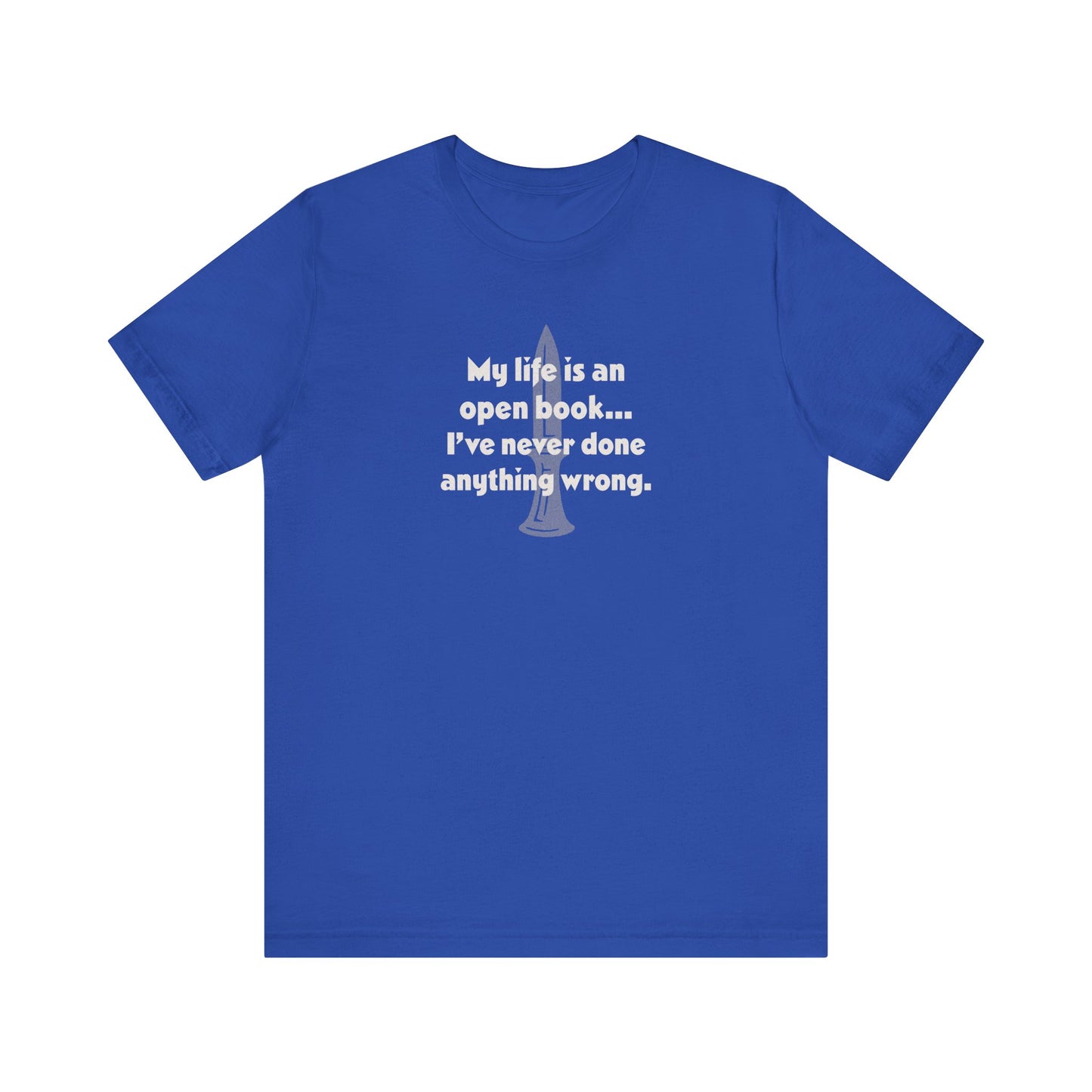 My Life Is an Open Book, I've Never Done Anything Wrong — Clue Retro Tee (Dark)
