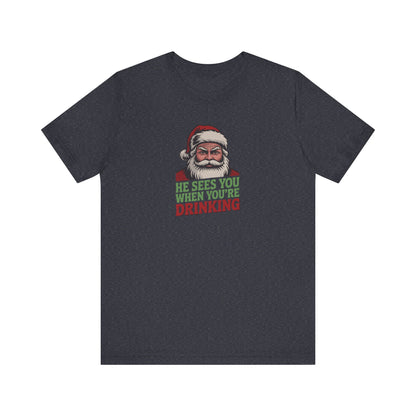 He Sees You When You're Drinking — Judgmental Santa Retro Tee (Dark)