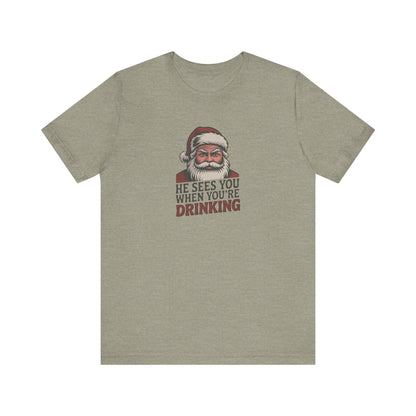 He Sees You When You're Drinking — Judgmental Santa Retro Tee (Light)
