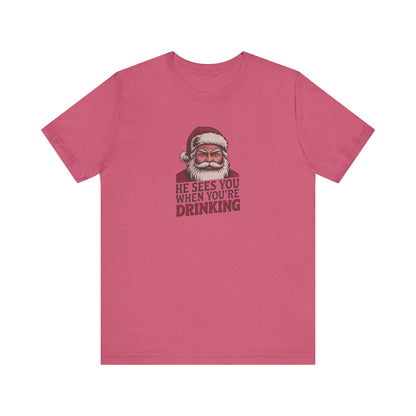 He Sees You When You're Drinking — Judgmental Santa Retro Tee (Light)