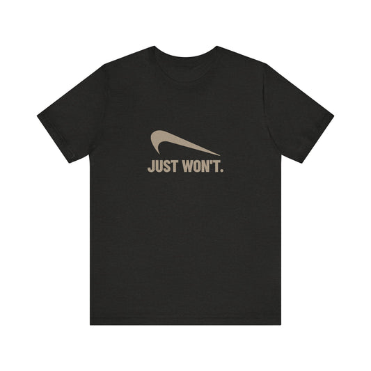 Just Won’t Athletic Parody — Retro Workout Tee (Dark)