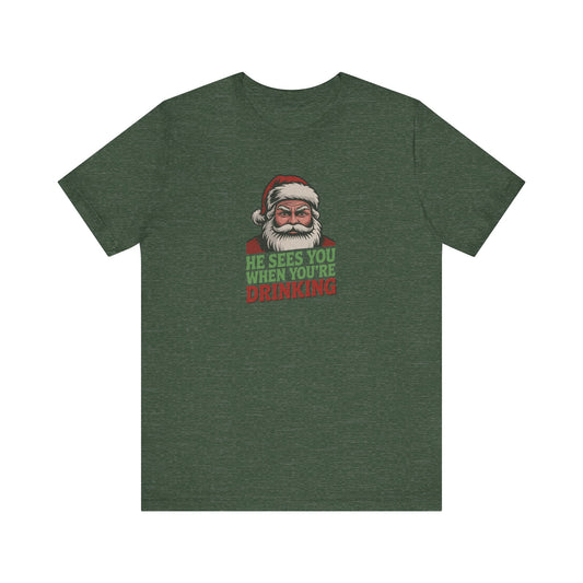 He Sees You When You're Drinking — Judgmental Santa Retro Tee (Dark)