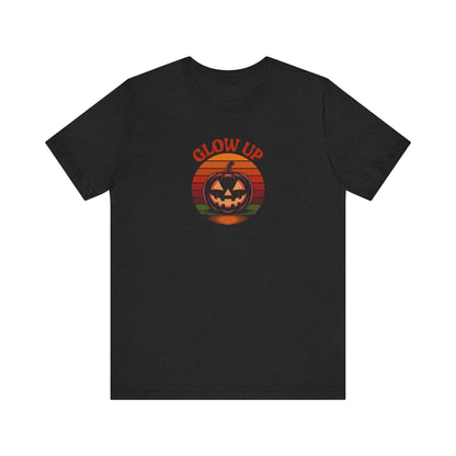 Halloween Glow Up Pumpkin — Retro Autumn Sunset Tee (Dark)