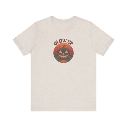 Halloween Glow Up Pumpkin — Retro Autumn Sunset Tee (Light)