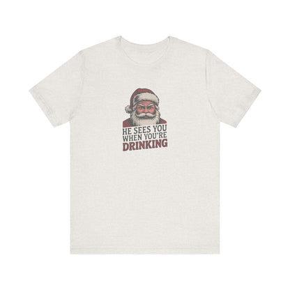 He Sees You When You're Drinking — Judgmental Santa Retro Tee (Light)