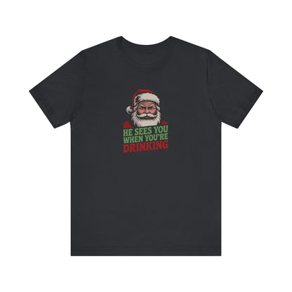 He Sees You When You're Drinking — Judgmental Santa Retro Tee (Dark)