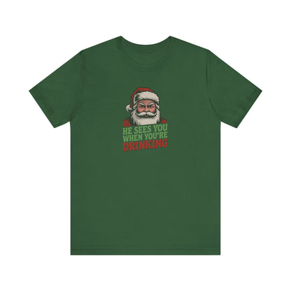 He Sees You When You're Drinking — Judgmental Santa Retro Tee (Dark)