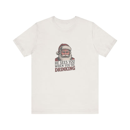 He Sees You When You're Drinking — Judgmental Santa Retro Tee (Light)