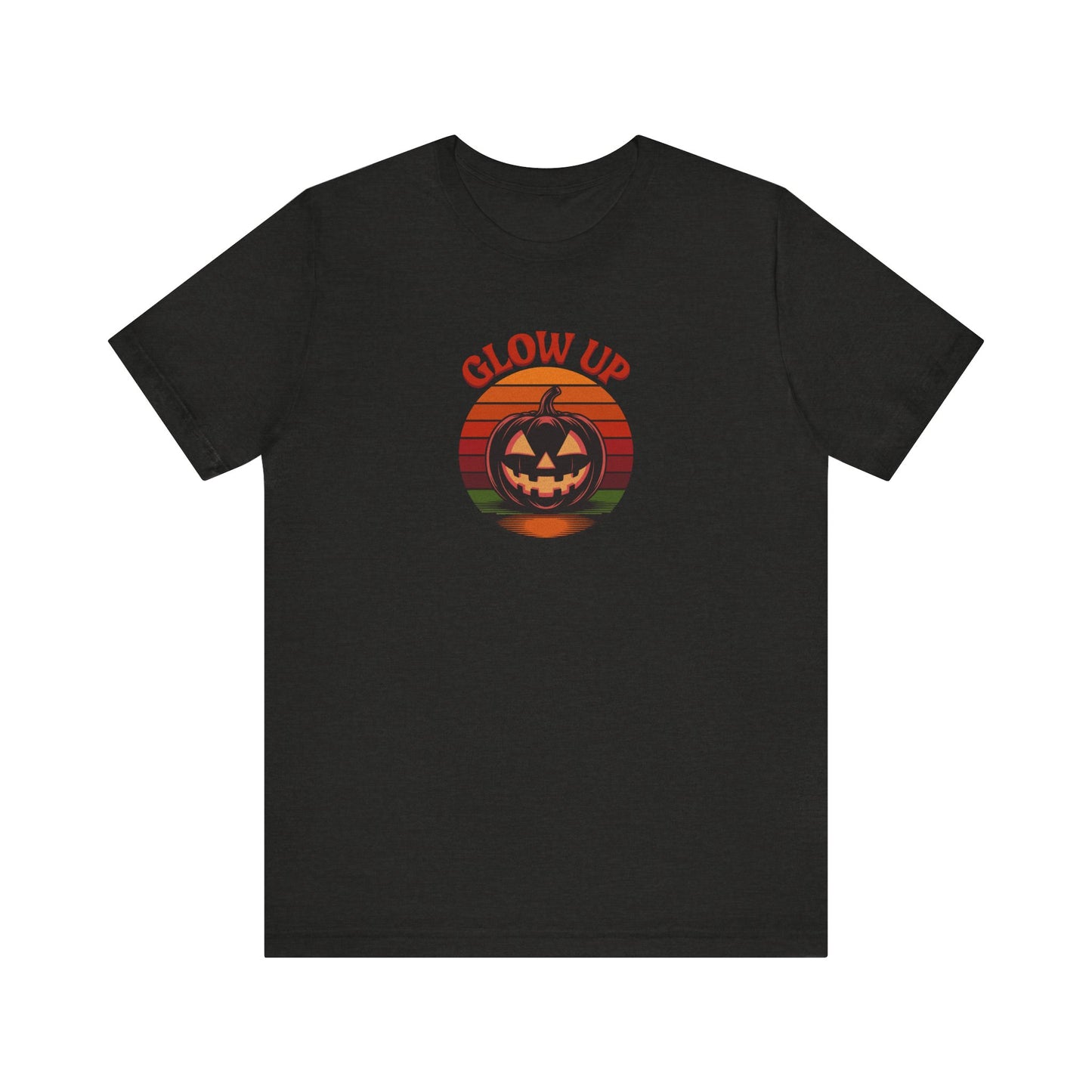 Halloween Glow Up Pumpkin — Retro Autumn Sunset Tee (Dark)