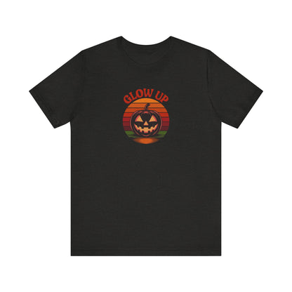 Halloween Glow Up Pumpkin — Retro Autumn Sunset Tee (Dark)