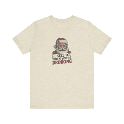 He Sees You When You're Drinking — Judgmental Santa Retro Tee (Light)
