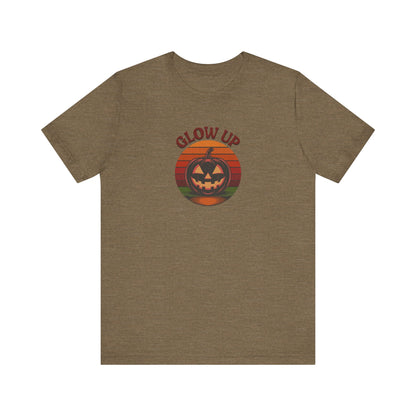 Halloween Glow Up Pumpkin — Retro Autumn Sunset Tee (Light)