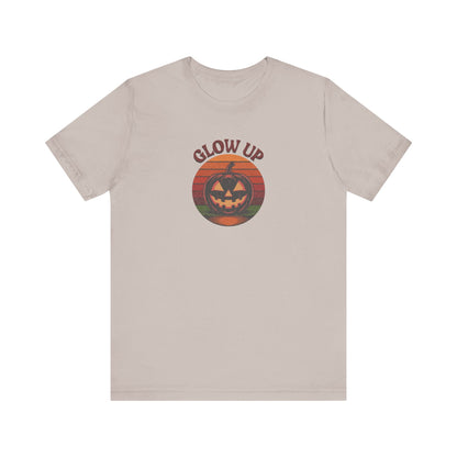 Halloween Glow Up Pumpkin — Retro Autumn Sunset Tee (Light)