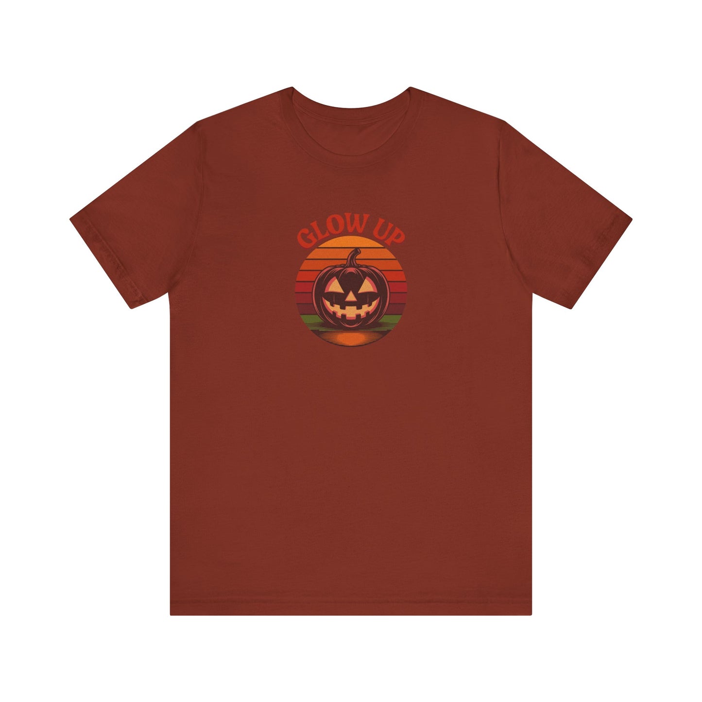 Halloween Glow Up Pumpkin — Retro Autumn Sunset Tee (Dark)