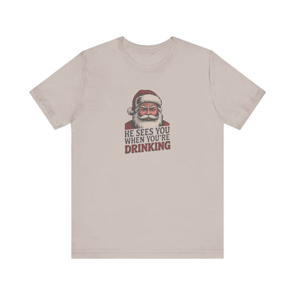 He Sees You When You're Drinking — Judgmental Santa Retro Tee (Light)