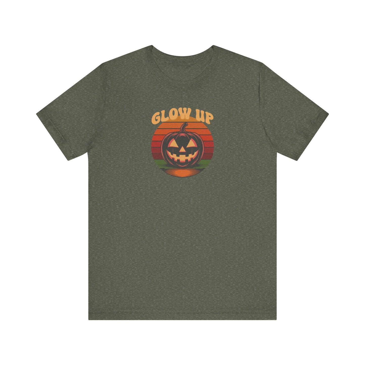 Halloween Glow Up Pumpkin — Retro Autumn Sunset Tee (Dark)