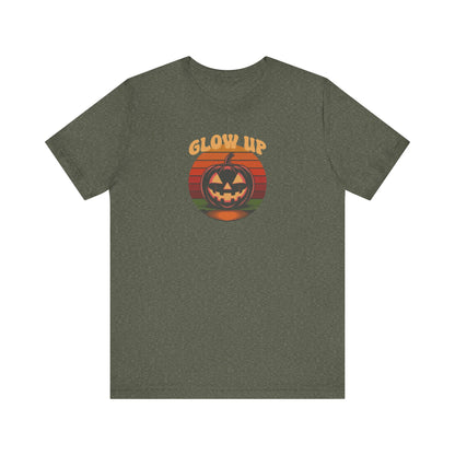 Halloween Glow Up Pumpkin — Retro Autumn Sunset Tee (Dark)