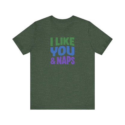 I Like You & Naps (Cool Gradient) — Retro Loungewear Tee (Dark)