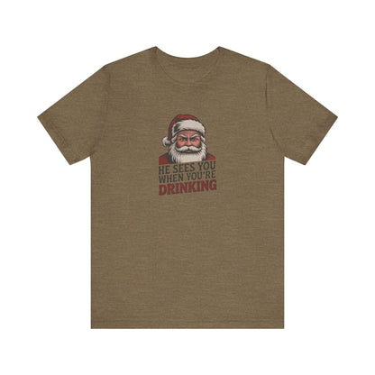 He Sees You When You're Drinking — Judgmental Santa Retro Tee (Light)