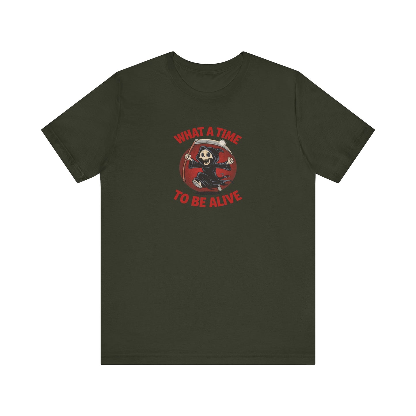 What a Time to Be Alive — Not-So-Grim Reaper Retro Tee (Dark)