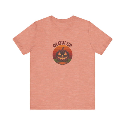 Halloween Glow Up Pumpkin — Retro Autumn Sunset Tee (Light)