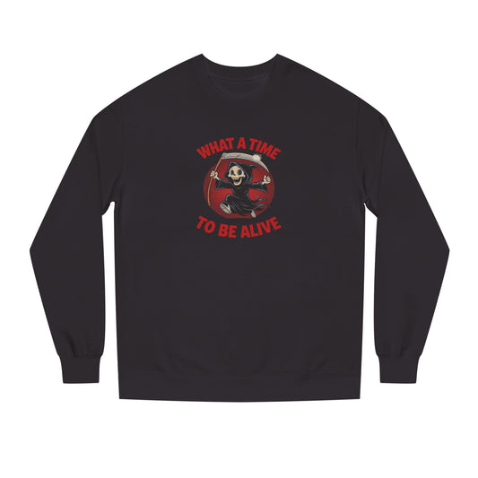 What a Time to Be Alive — Not-So-Grim Reaper Retro Sweatshirt (Dark)