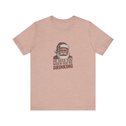 He Sees You When You're Drinking — Judgmental Santa Retro Tee (Light)