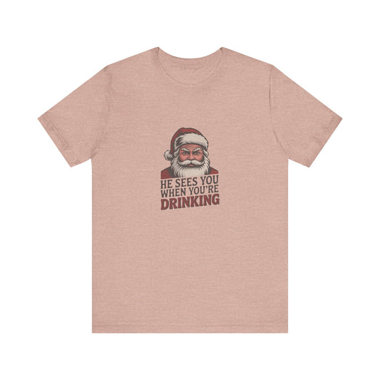 He Sees You When You're Drinking — Judgmental Santa Retro Tee (Light)