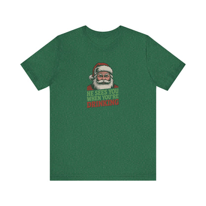 He Sees You When You're Drinking — Judgmental Santa Retro Tee (Dark)