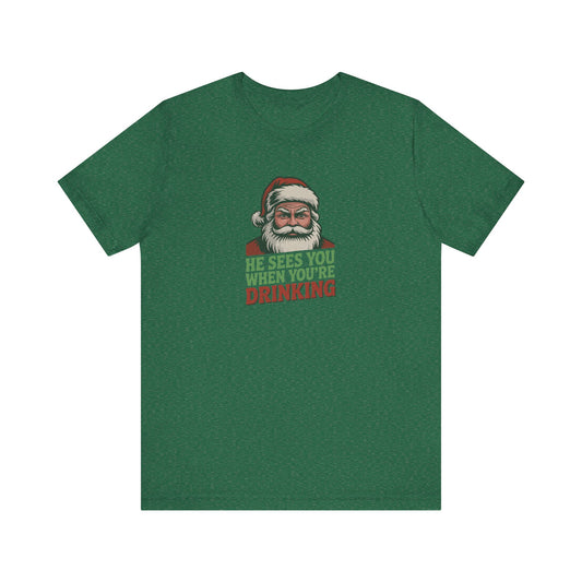He Sees You When You're Drinking — Judgmental Santa Retro Tee (Dark)