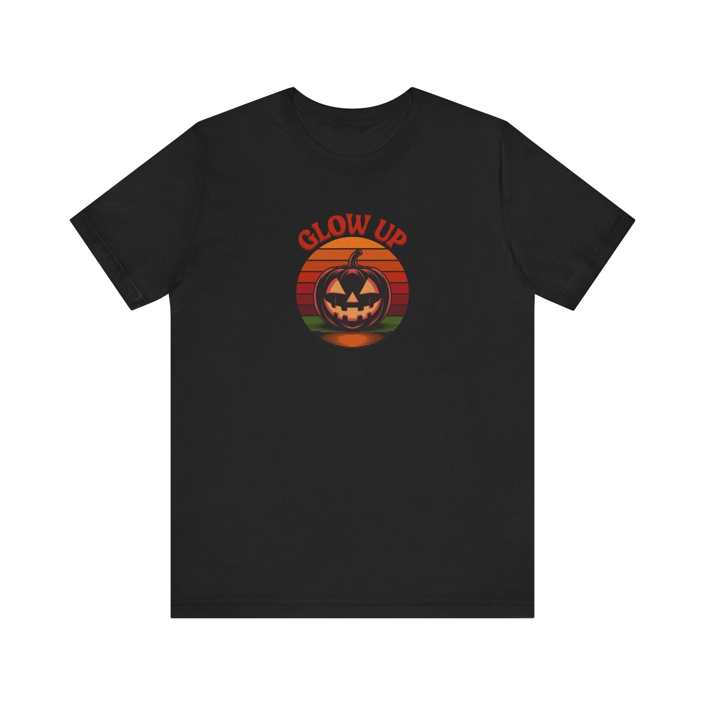 Halloween Glow Up Pumpkin — Retro Autumn Sunset Tee (Dark)