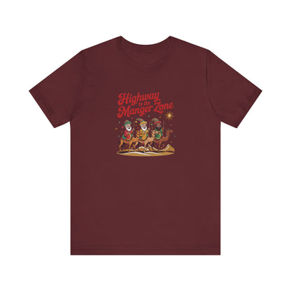 Highway to the Manger Zone — Top Gun-Inspired Christmas Retro Tee (Dark)