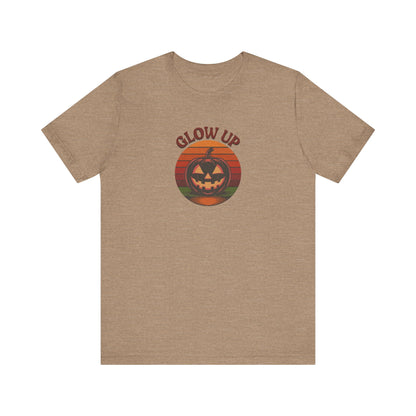 Halloween Glow Up Pumpkin — Retro Autumn Sunset Tee (Light)
