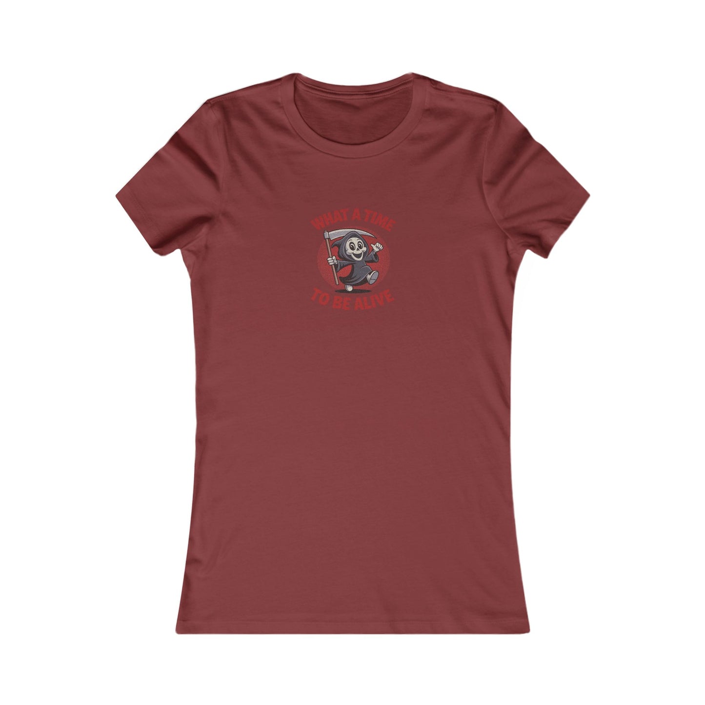 What a Time to Be Alive (Cute) — Lil Reaper Retro Women's Tee (Dark)