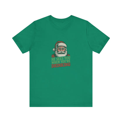 He Sees You When You're Drinking — Judgmental Santa Retro Tee (Dark)