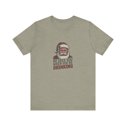 He Sees You When You're Drinking — Judgmental Santa Retro Tee (Light)