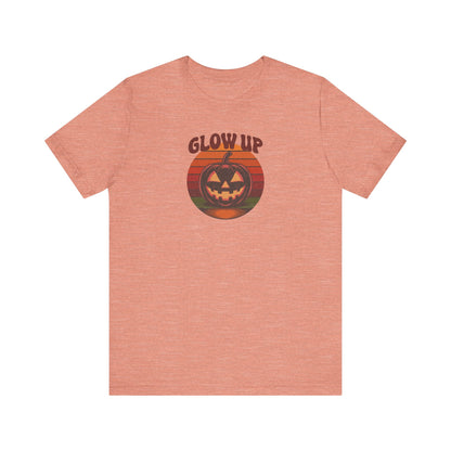 Halloween Glow Up Pumpkin — Retro Autumn Sunset Tee (Light)