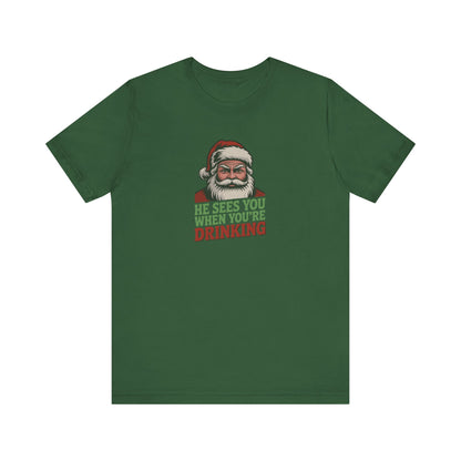 He Sees You When You're Drinking — Judgmental Santa Retro Tee (Dark)