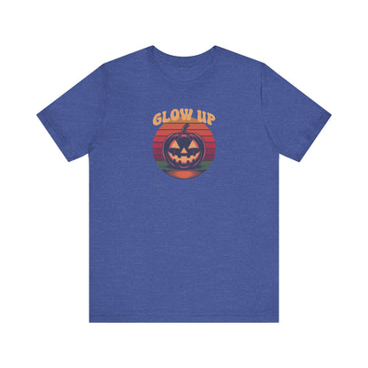 Halloween Glow Up Pumpkin — Retro Autumn Sunset Tee (Dark)