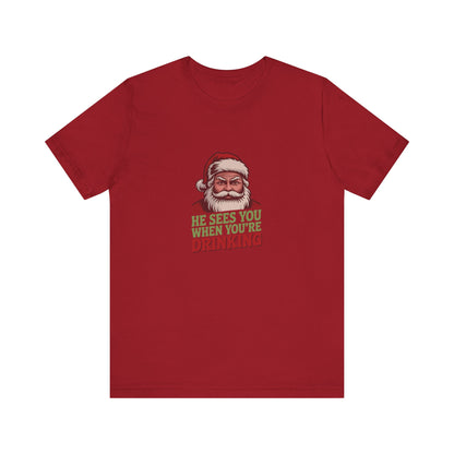 He Sees You When You're Drinking — Judgmental Santa Retro Tee (Dark)