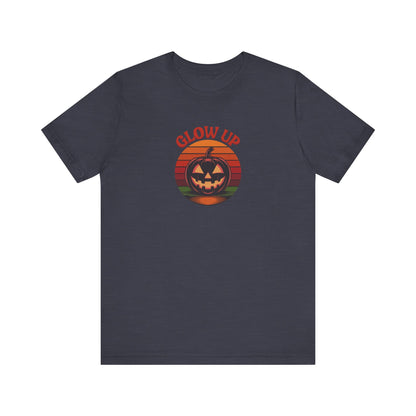 Halloween Glow Up Pumpkin — Retro Autumn Sunset Tee (Dark)