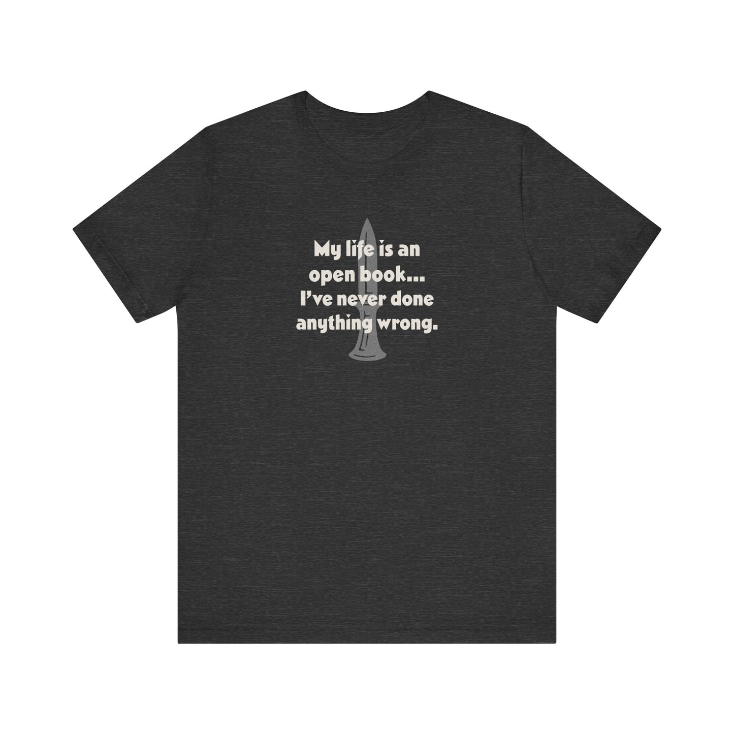 My Life Is an Open Book, I've Never Done Anything Wrong — Clue Retro Tee (Dark)