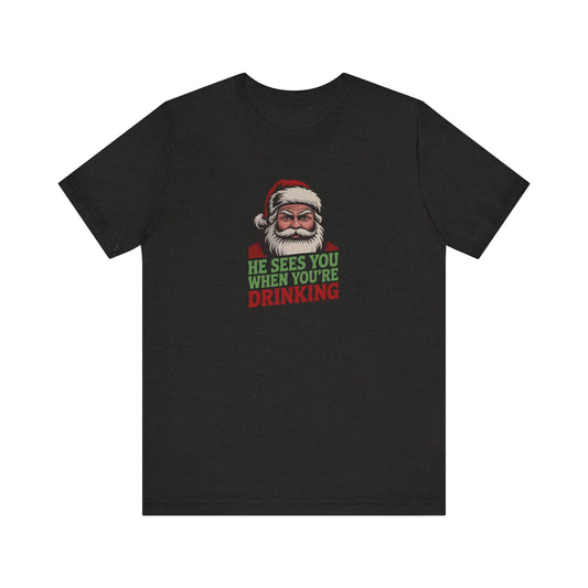 He Sees You When You're Drinking — Judgmental Santa Retro Tee (Dark)